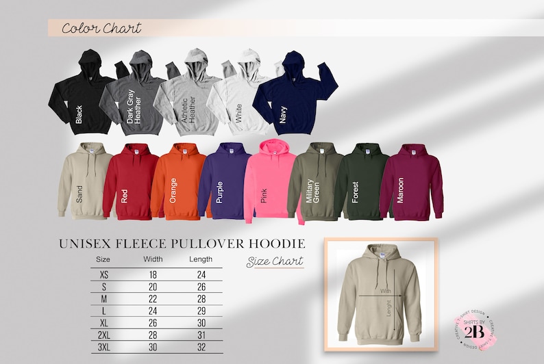 May include: A colour chart displays various unisex fleece pullover hoodies in black, grey, white, navy, and other colours. The image includes a size chart with measurements in inches and a sample hoodie illustration.