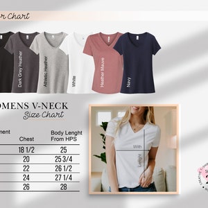 May include: A size chart for women's v-neck t-shirts with measurements in inches. The chart shows the chest and body length from the high point of shoulder measurements for sizes S, M, L, XL, and 2XL. The chart is displayed next to a white v-neck t-shirt being worn by a woman.