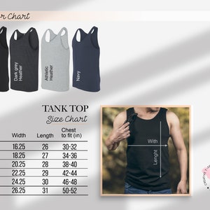 May include: Tank top size chart with measurements in inches for XS, S, M, L, XL, and 2XL sizes. The chart shows width, length, and chest measurements. The chart is next to a photo of a person wearing a black tank top.