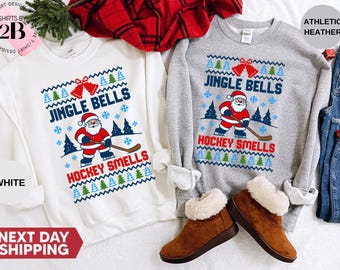 Funny Christmas Hockey Sweatshirt: Jingle Bells, Hockey Smells Hoodie