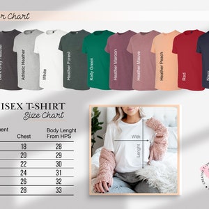 May include: Unisex t-shirt size chart with measurements in inches. The chart shows the chest and body length from hips measurements for sizes S, M, L, XL, 2XL, and 3XL. The chart is displayed next to a photo of a white t-shirt on a model.