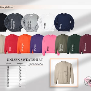 May include: A colour chart displays various unisex sweatshirt colours, including black, navy, and maroon. The image also shows a size chart with measurements in inches for sizes XS to 3XL. A tan sweatshirt is shown with width and length measurements.