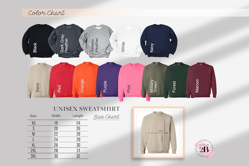 May include: A colour chart displays various unisex sweatshirt colours, including black, navy, and maroon. The image also shows a size chart with measurements in inches for sizes XS to 3XL. A tan sweatshirt is shown with width and length measurements.