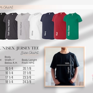 May include: Youth unisex jersey tee size chart with measurements in inches. The chart shows the body width, body length from the high point of shoulder, and corresponding size in YS, YM, YL, and YXL. The chart is displayed next to a black t-shirt on a model.