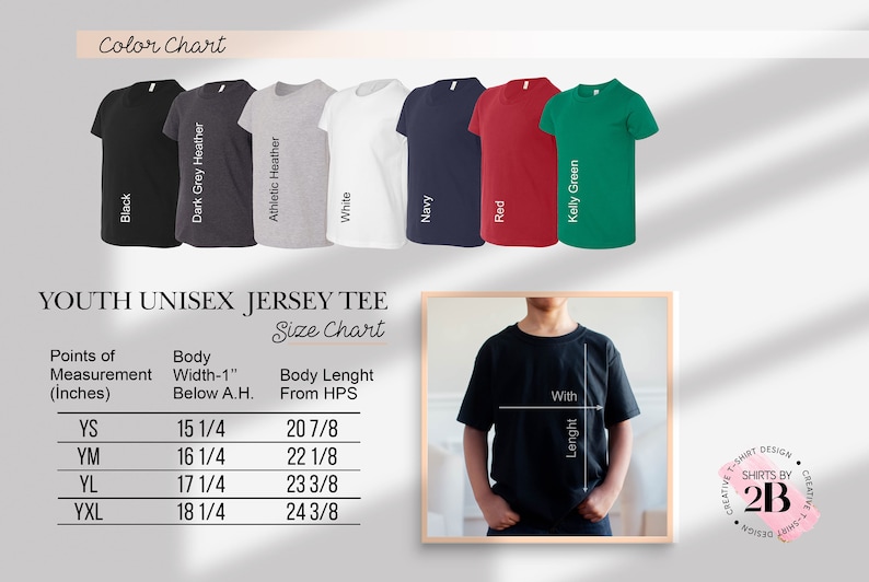 May include: Youth unisex jersey tee size chart with measurements in inches. The chart shows the body width, body length from the high point of shoulder, and corresponding size in YS, YM, YL, and YXL. The chart is displayed next to a black t-shirt on a model.