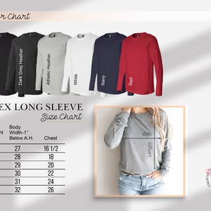 May include: Unisex long sleeve t-shirt size chart with measurements in inches. The chart shows the body width, chest, and points of measurement for sizes XS to 2XL. The chart is displayed next to a photo of a grey long sleeve t-shirt.