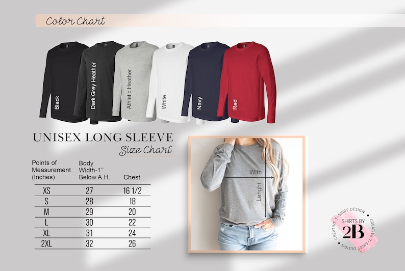 May include: Unisex long sleeve t-shirt size chart with measurements in inches. The chart shows the body width, chest, and points of measurement for sizes XS to 2XL. The chart is displayed next to a photo of a grey long sleeve t-shirt.