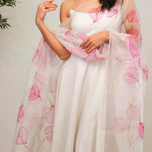 White floral hand painted pink leaf dupatta , embellished dupatta , organza dupatta , designer floral scarves , designer stole