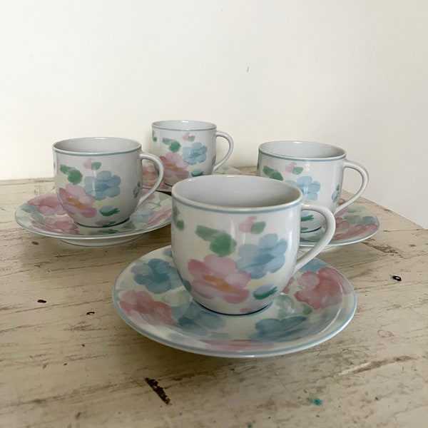 Pretty set of four Blok Spal cups and saucers with whimsical floral design, made in Portugal