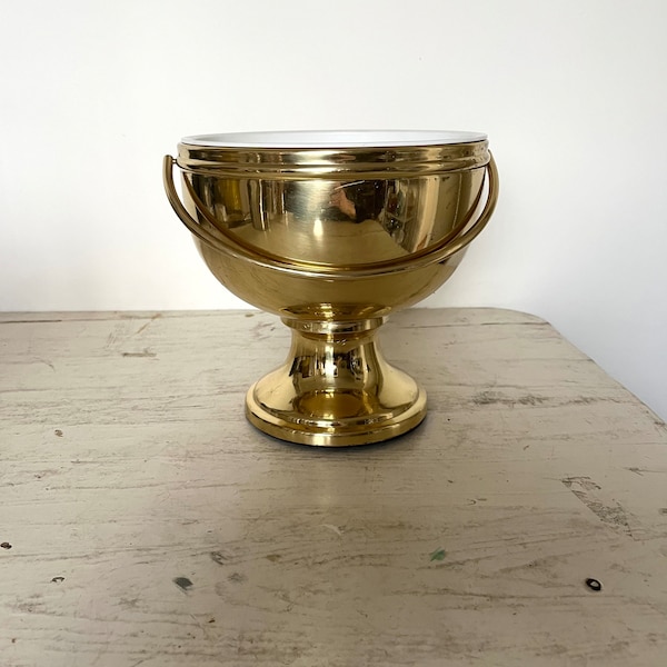 Gorgeous vintage brass champagne bucket with handle and enamel insert