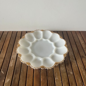Super cute vintage Anchor Hocking milk glass and gold devilled egg tray
