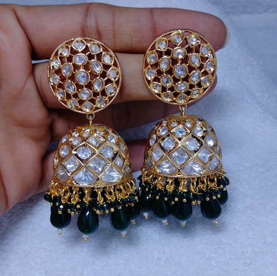Gold Plated High Quality Uncut Kundan Jhumka Earrings Hanging