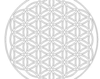 May include: A black and white line drawing of a flower of life pattern. The pattern is a geometric design of overlapping circles and lines.