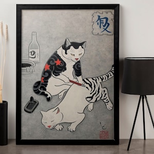 Japanese Cat Framed Art , Japanese Cat Art Print ,  Cat Wall Decor , Home Decor Canvas Wall Art , Canvas Print , Japanese Canvas Gift 323