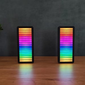 Può includere: Due pannelli luminosi rettangolari con cornici nere, ciascuno caratterizzato da una serie verticale di segmenti LED orizzontali che mostrano una sfumatura di colori dal giallo in alto, passando per rosa, viola, blu e verde, fino al giallo in basso.