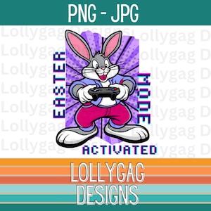 Puede incluir: Un conejo de dibujos animados con una chaqueta azul y pantalones rosas sostiene un mando de videojuegos. El fondo es morado con un diseño de estilo cómic. El texto "Easter Mode Activated" está en una fuente pixelada.