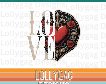 Retro Love Tattoo Clipart | Sublimacja walentynkowa PNG | Sztuka serca w stylu vintage na koszulki, kubki i nie tylko | Natychmiastowe pobieranie PNG, JPG