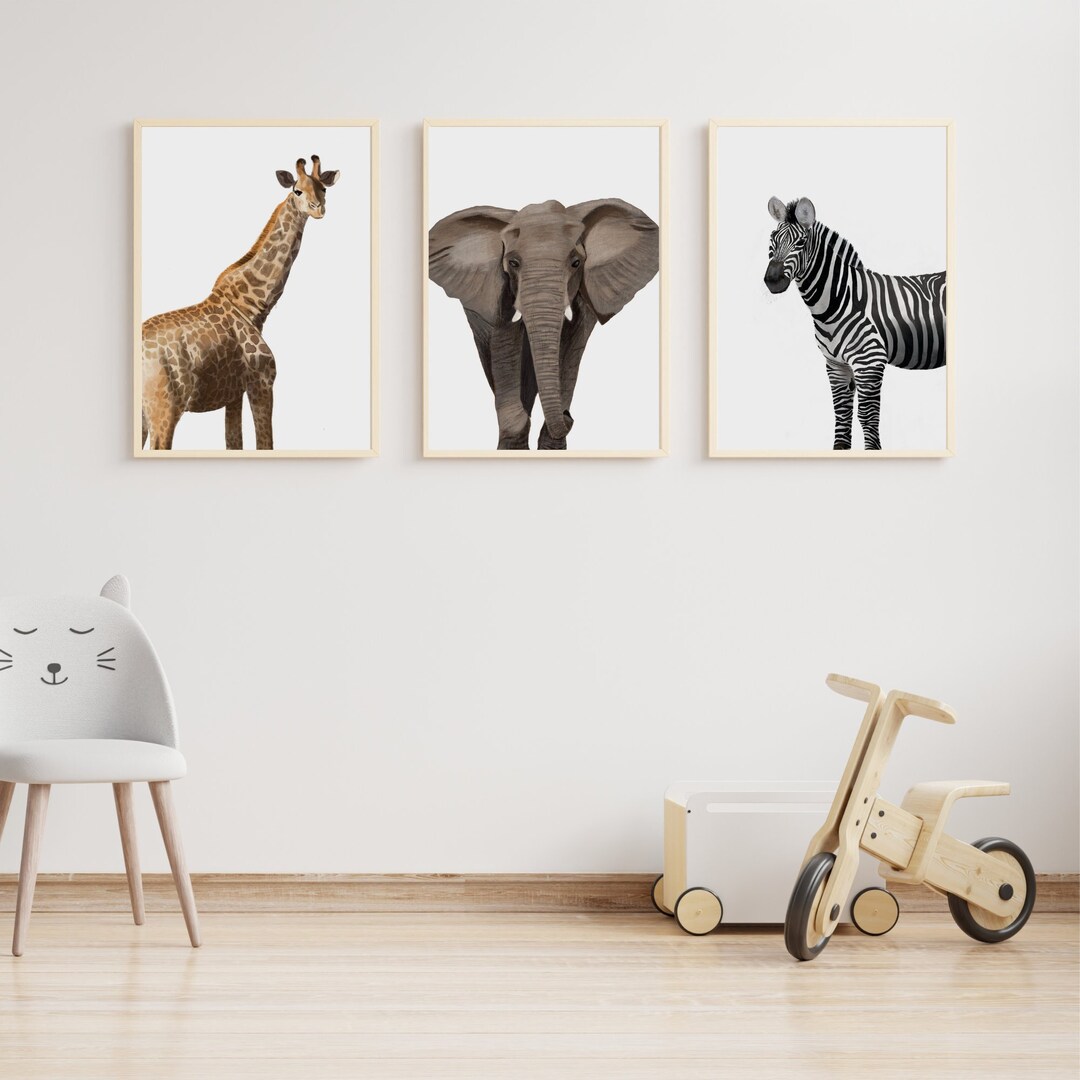 Set of 3 African Animals Hand Drawn Wall Art, Safari Animals, Zebra, Giraffe, Elephant, A3, A4