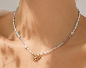 RHEA Dino Bracelet Jewelry Necklace Dinosaur Pastel Gift Girlfriend Brachiosaurus Beaded Bracelet Filigree Gold Lucky Bracelet Freshwater Pearls