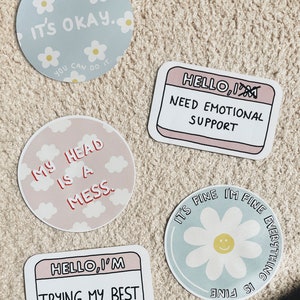 mental health sticker set head is a mess / i'm trying my best / everything is fine / i need emotional support / it's okay laptop sticker