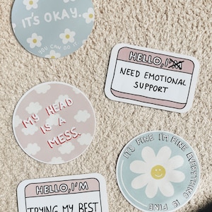 mental health sticker set head is a mess / i'm trying my best / everything is fine / i need emotional support / it's okay laptop sticker