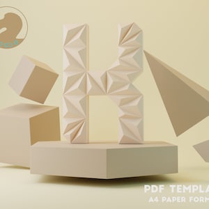 Puede incluir: Un modelo de papel 3D de la letra K, hecho de papel blanco, se muestra en una plataforma hexagonal. La letra está rodeada de formas geométricas, incluyendo cubos y pirámides, también hechos de papel blanco. El fondo es de color amarillo claro. El texto "PDF TEMPLATE A4 PAPER FORMAT" se muestra en la parte inferior de la imagen.