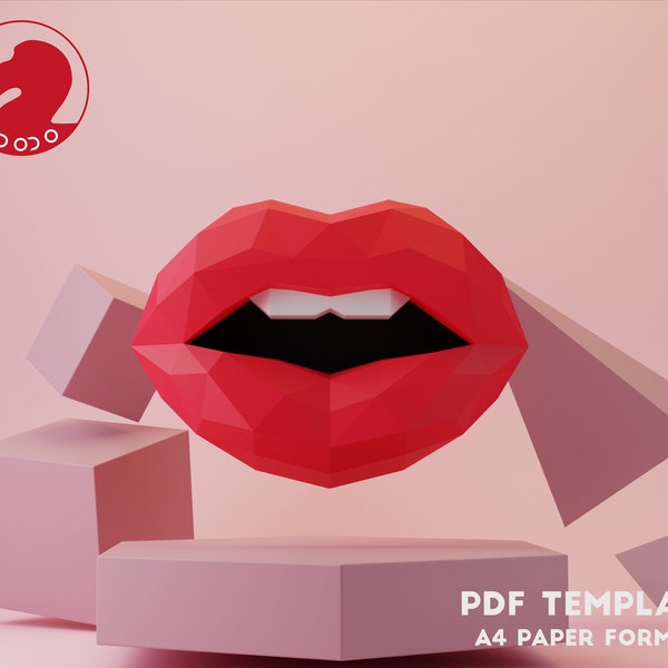 Papercraft 3D LIPS Mouth With Teeth, Low Poly Lips, Wall Decor for Home, Lips Sculpture, Lips PDF Template