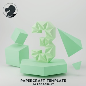 Low Poly Number, Digits papercraft, Numbers Papercraft PDF template 3d Model Sculpture THREE 3 NUMBER