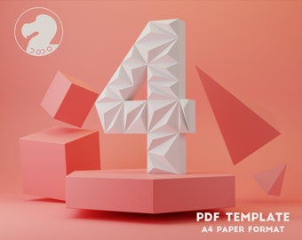 Low Poly Number, Digits papercraft, Numbers Papercraft PDF template 3d Model Sculpture FOUR 4 NUMBER