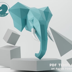 Elephant Papercraft Head, Low Poly, 3D papercraft, Paper Sculpture,DIY gift Home decor Origami animal PDF Template, Animal Trophy