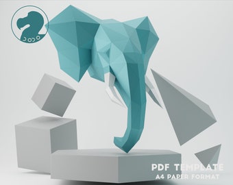 Może przedstawiać: Głowa słonia origami w kolorze turkusowym z białymi kłami, stojąca na białej platformie. Słoń jest otoczony białymi kształtami geometrycznymi, w tym sześcianami i piramidami. Tekst "PDF TEMPLATE A4 PAPER FORMAT" znajduje się na dole obrazu.
