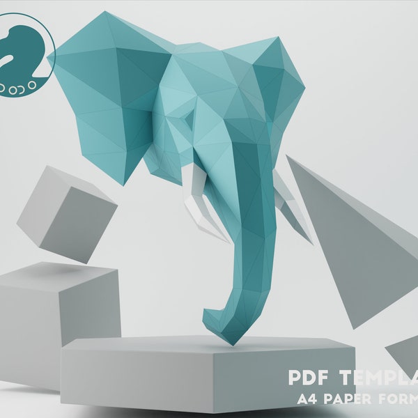 Tête d'éléphant Papercraft, Low Poly, papercraft 3D, Sculpture en papier, cadeau DIY Décoration intérieure Modèle PDF animal Origami, Trophée animal