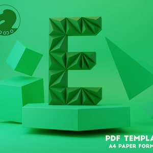 May include: A green 3D letter E made of triangles, on a green hexagonal platform, with green cubes and pyramids in the background. The text "PDF TEMPLATE A4 PAPER FORMAT" is at the bottom of the image.