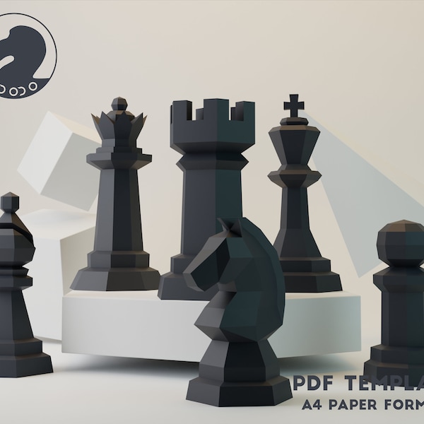 3D Chess SET Papercraft Template,Papercraft Chess Pieces,Rook, Bishop, King, Knight, Queen, Pawn, Low Poly Papercraft, Chess Sculpture,