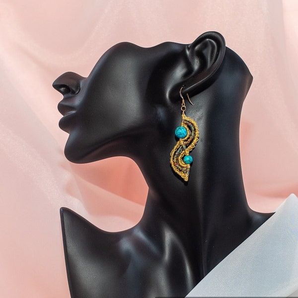 Macrame handmade earrings - Turquoise beads - 14-carat gold-filled hammered earring wire hooks