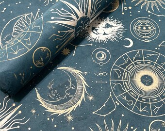 Lokta Paper Sheet - Celestial/Zodiac - Teal | Decorative Paper | Collage | Junk Journal | Screen Print | Tree Free Paper | Handmade Paper
