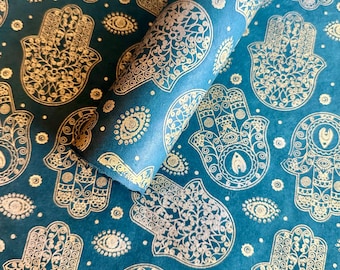 Lokta Paper Sheet - Hamsa Hand - Teal | Decorative Paper | Collage | Junk Journal | Screen Print | Tree Free Paper | Handmade Paper