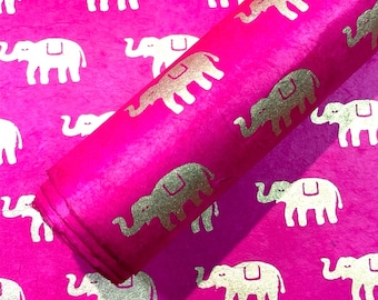 Lokta Paper Sheet - Gold Elephants (Pink) | Decorative Paper | Collage | Junk Journal | Screen Print | Tree Free Paper | Handmade Paper