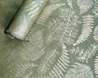 Lokta Paper Sheet - Gold Ferns on Olive | Decorative Paper | Collage | Junk Journal | Screen Print | Tree Free Paper | Handmade Paper