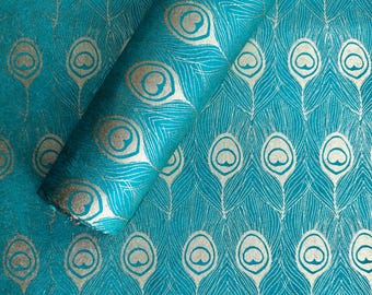 Lokta Paper Sheet - Gold Peacock Feathers on Teal | Decorative Paper | Collage | Junk Journal | Tree Free Paper | Handmade Paper