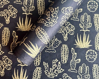 Lokta Paper Sheet - Gold Cactus on Black | Decorative Paper | Collage | Junk Journal | Screen Print | Tree Free Paper | Handmade Paper