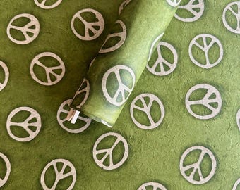 Green Lokta Paper Sheet: Batik Peace Signs, Handmade Tree-Free Paper
