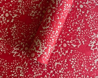 Handmade Lokta Paper Sheet: Batik Flowers, Red & Orange, Tree-Free