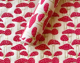 Lokta Paper Sheet - Mushrooms | Red |Gold | Decorative Paper | Collage | Junk Journal | Tree Free Paper | Handmade Paper