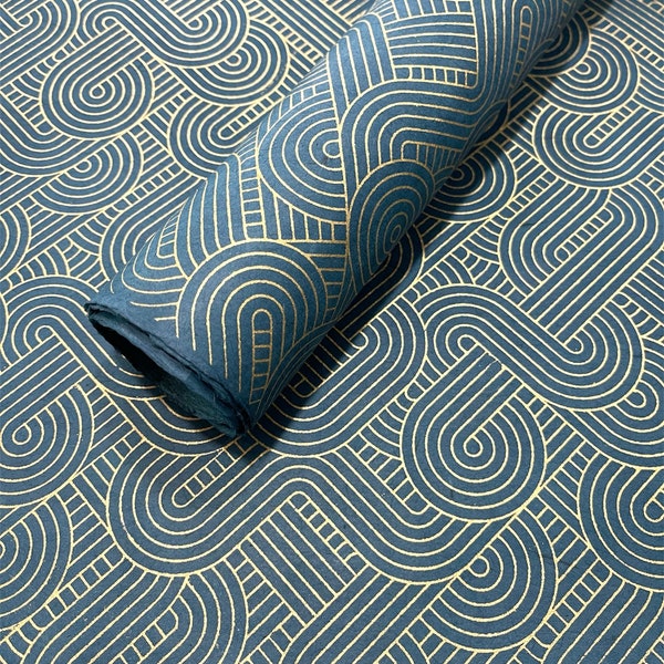 Lokta Paper Sheet - Art Deco - Teal | Decorative Paper | Collage | Junk Journal | Screen Print | Tree Free Paper | Handmade Paper
