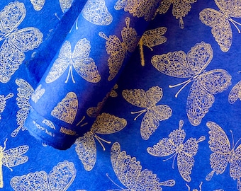 Lokta Paper Sheet - Gold Butterflies & Dragonflies | Decorative Paper | Collage | Junk Journal | Tree Free Paper | Handmade Paper