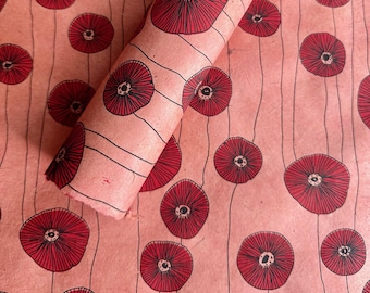 Lokta Paper Sheet - Red Flower Blooms | Decorative Paper | Collage | Junk Journal | Tree Free Paper | Handmade Paper