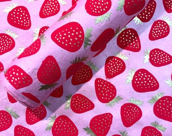 Lokta Paper Sheet - Strawberries on Pink | Decorative Paper | Collage | Junk Journal | Screen Print | Tree Free Paper | Handmade Paper