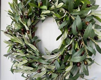 Front Door Faux Olive Branch Wreath, All Season Greenery Wreath