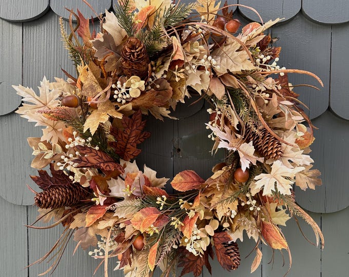 Fall Wreath With Maple and Oak Leaves, Acorns, Pinecones, and Berries ...